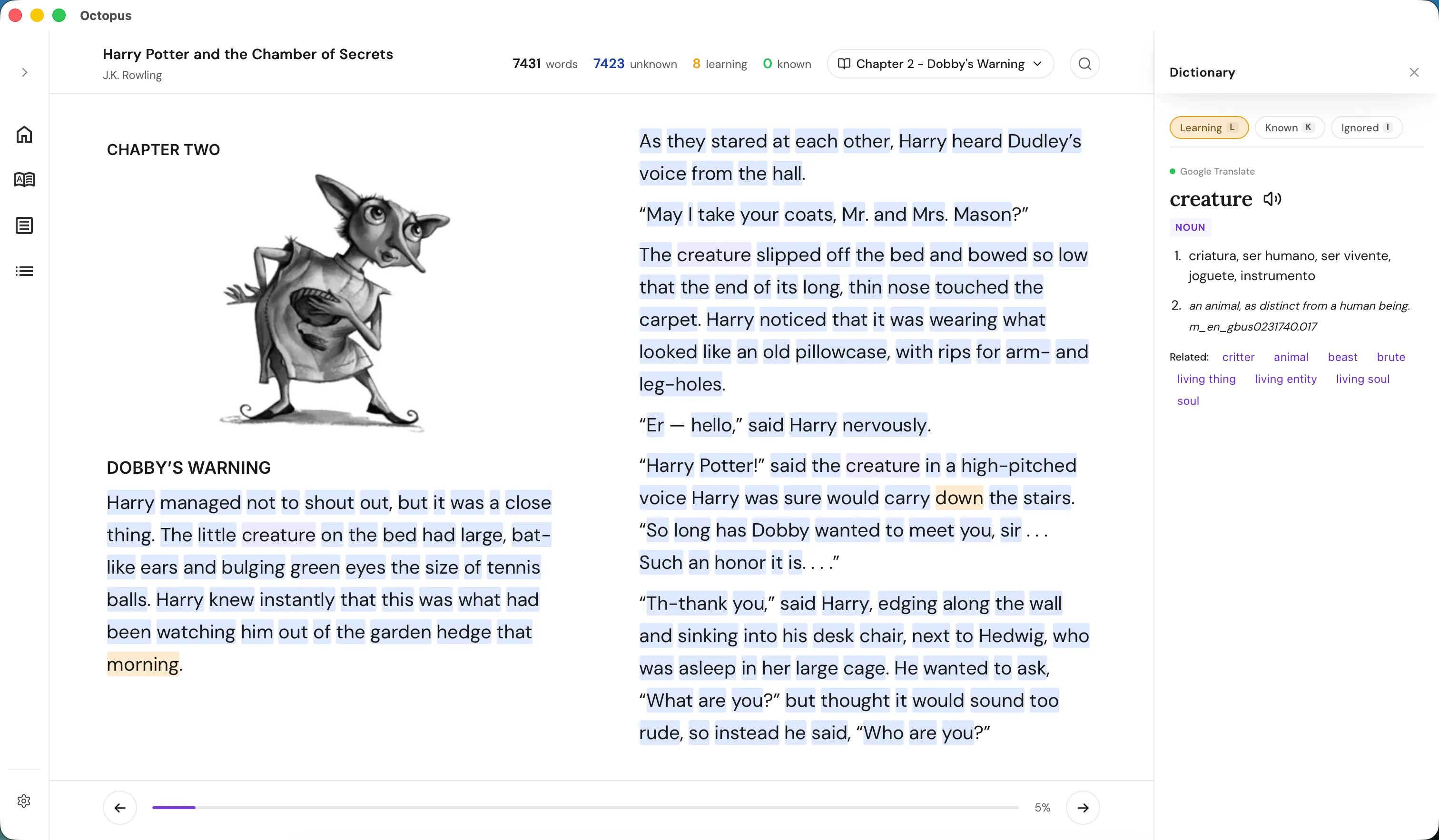 Octopus's two-page EPUB reader with inline dictionary